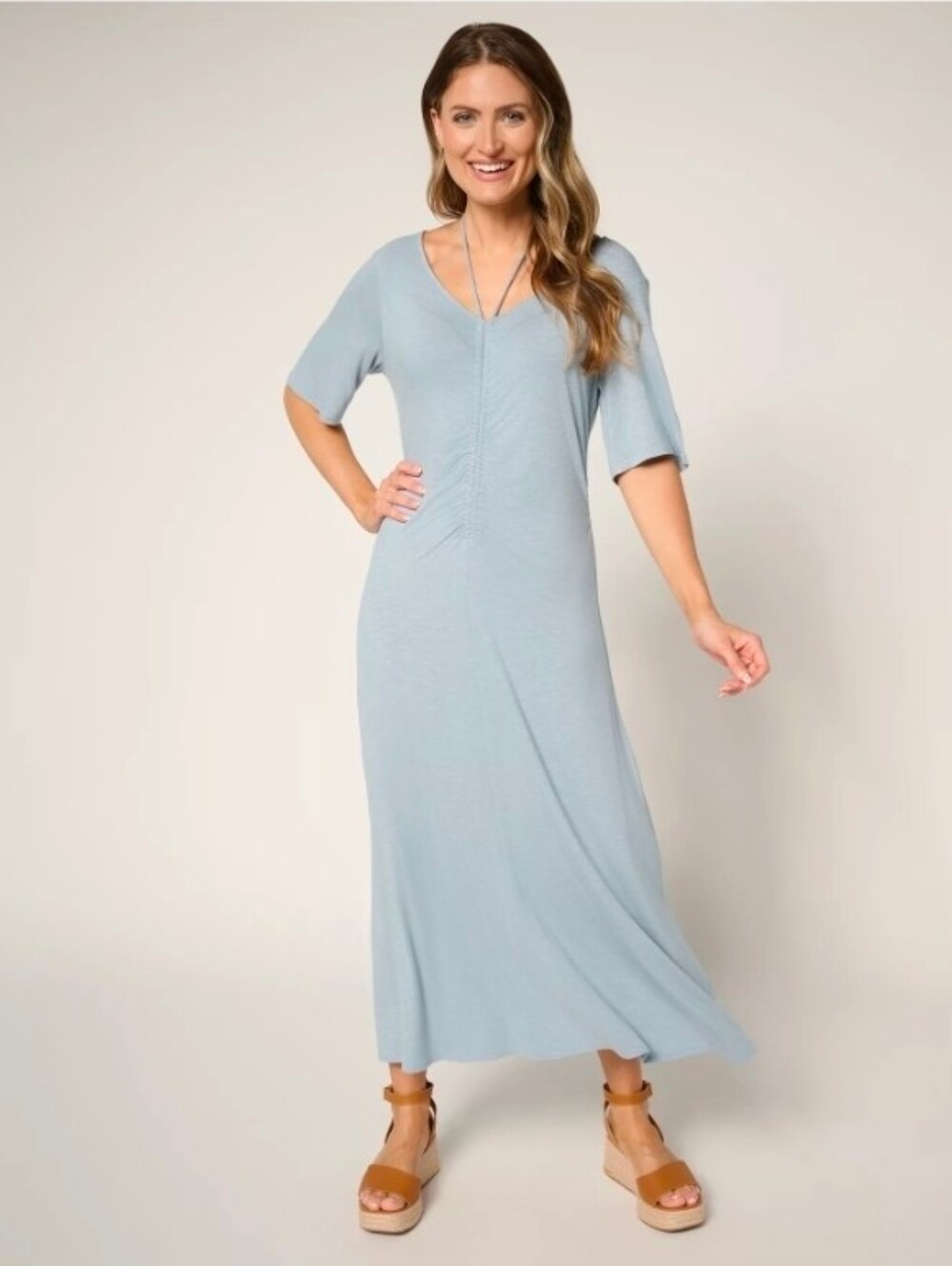 Peace Love World Regular Ruch Front Short Sleeve Midi Dress